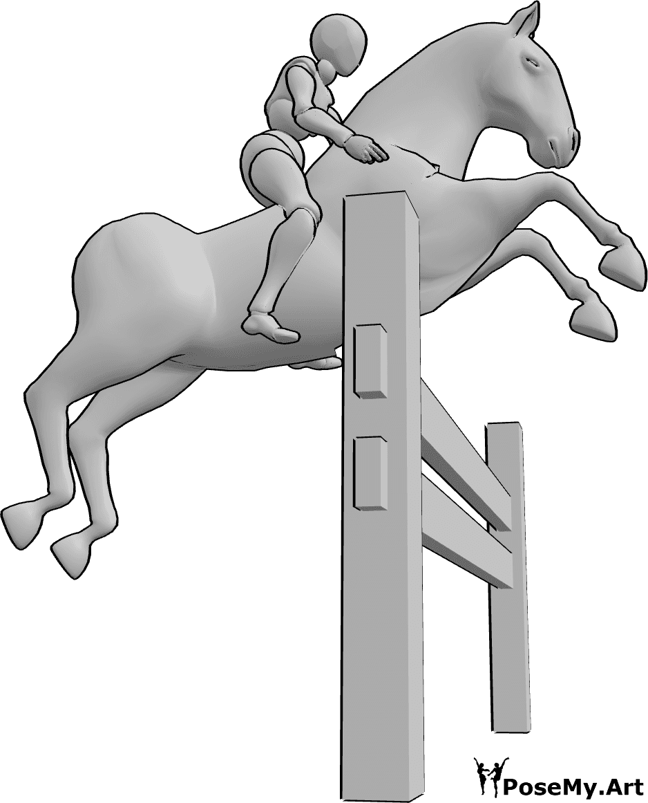 Référence des poses- Femme sautant un obstacle - Cavalière sautant un obstacle avec son cheval, pose de cavalière