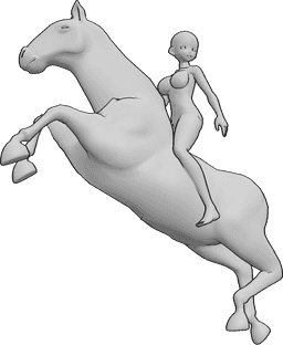 Pose Reference- Anime horse jumping pose - Anime female rider is jumping with her horse and looking to the left