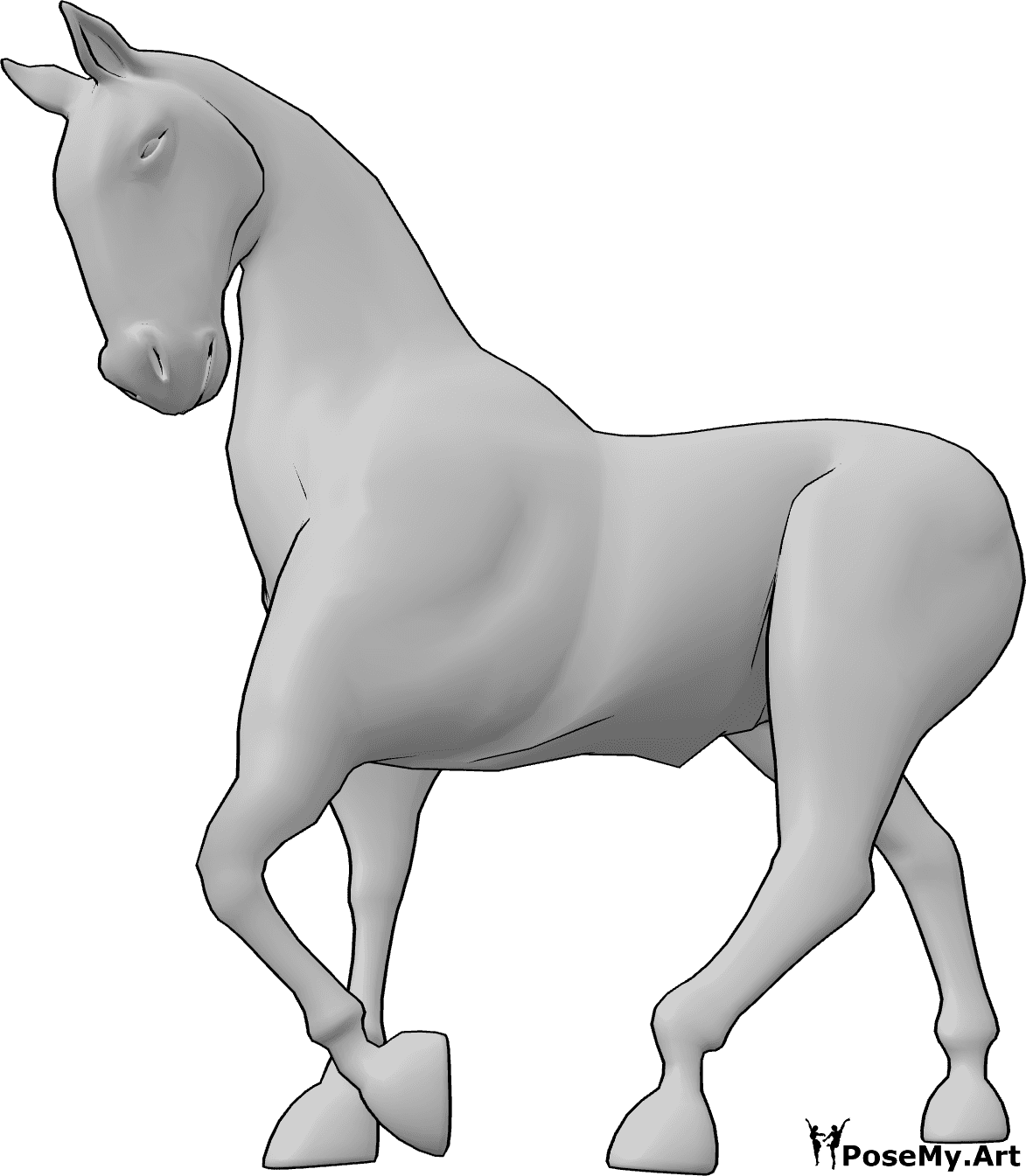 Referência de poses- Pose da perna levantada do cavalo - O cavalo está de pé elegantemente, levantando a pata dianteira esquerda e olhando para baixo