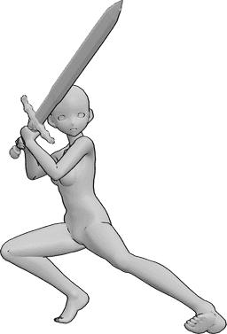 Référence des poses- Pose de l'attaque de l'épée par la femme - La femme animée est accroupie et tient une épée à deux mains.