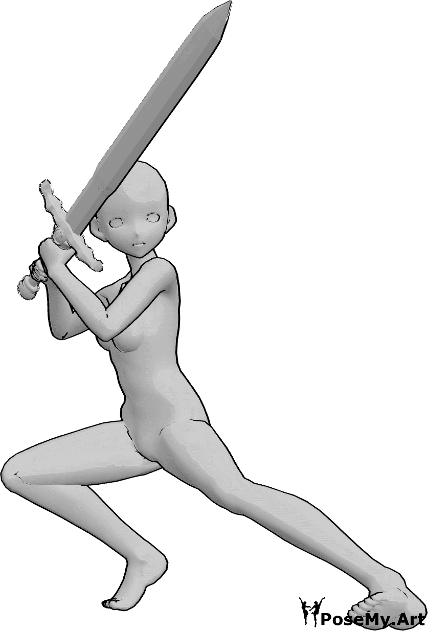 Référence des poses- Pose de l'attaque de l'épée par la femme - La femme animée est accroupie et tient une épée à deux mains.