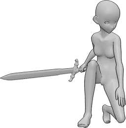 Pose Reference- Kneeling holding sword pose - Anime female is kneeling, looking to the left, holding a sword in her right hand