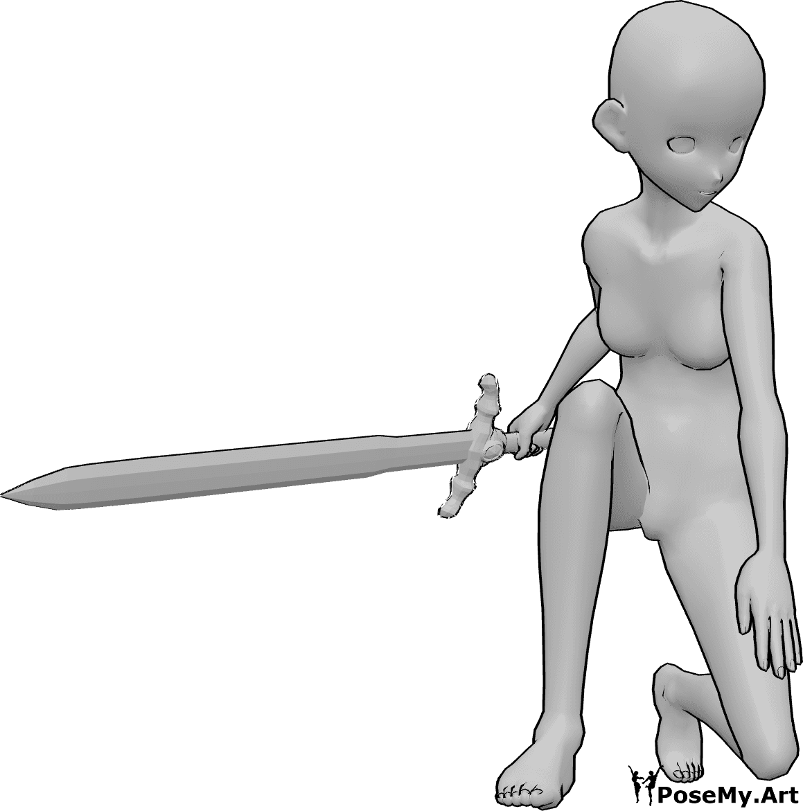 Pose Reference- Kneeling holding sword pose - Anime female is kneeling, looking to the left, holding a sword in her right hand