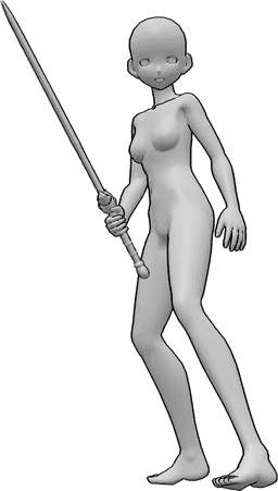 Pose Reference- Female standing sword pose - Anime female is standing and holding a sword in her right hand