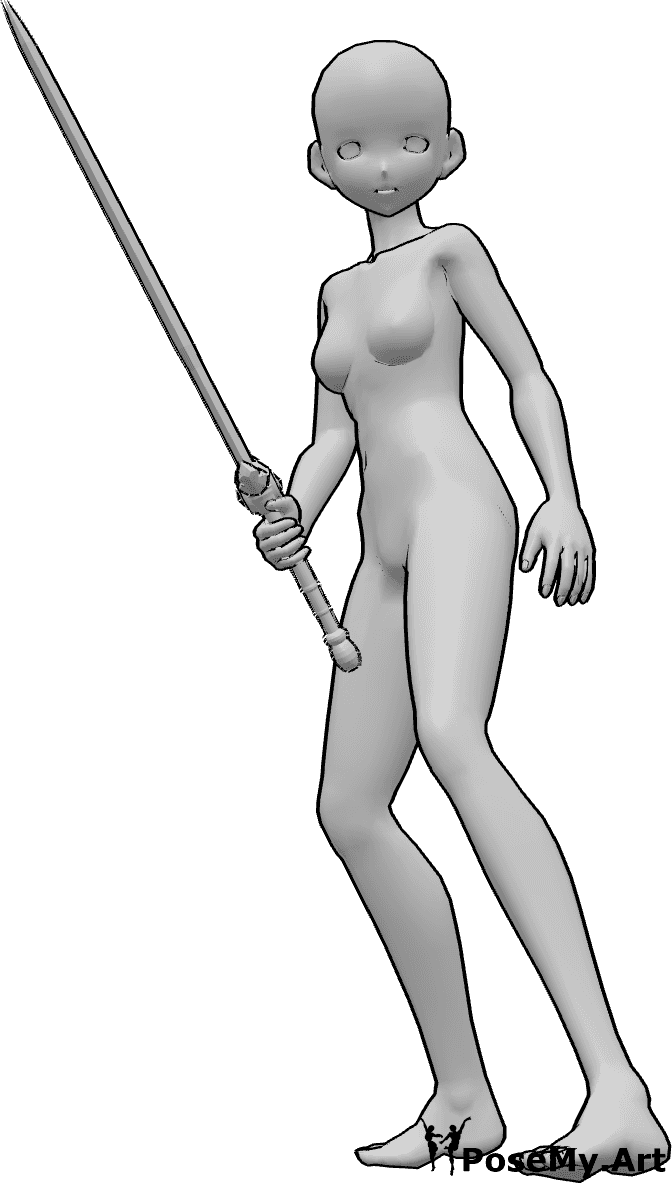 Pose Reference- Female standing sword pose - Anime female is standing and holding a sword in her right hand