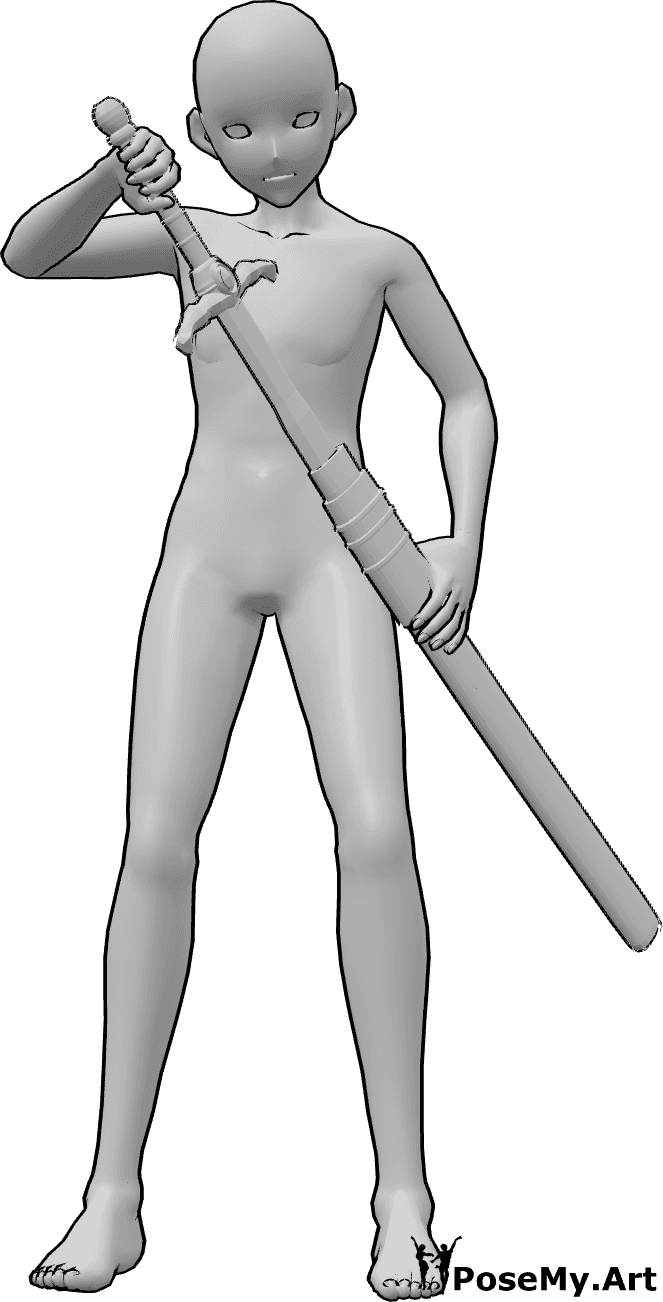 Référence des poses- Homme dessinant la pose de l'épée - L'homme anime tire son épée de son fourreau, l'homme anime tient son épée pose