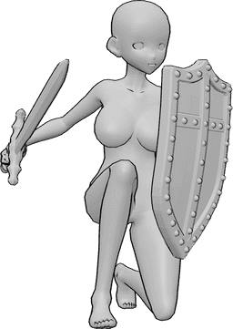 Pose Reference- Anime kneeling sword pose - Anime female is kneeling, holding a shield in her left hand and a sword in her right hand