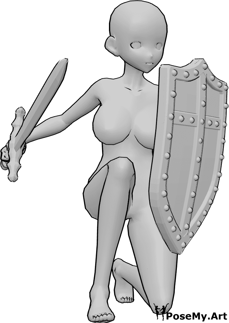 Pose Reference- Anime kneeling sword pose - Anime female is kneeling, holding a shield in her left hand and a sword in her right hand