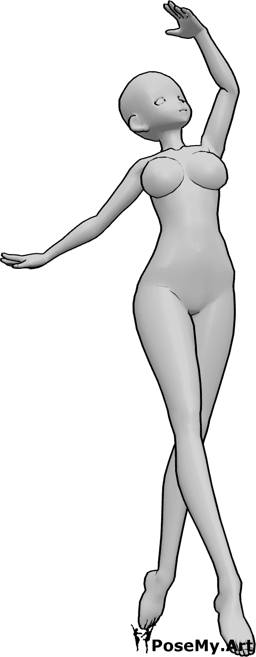 Riferimento alle pose- Posa da ballerino Anime - Una donna antropomorfa sta danzando, alzando la mano sinistra e guardando in alto