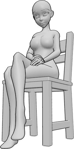 Référence des poses- Pose assise de l'anime - Une femme animée est assise, les jambes croisées, et se tient les mains.