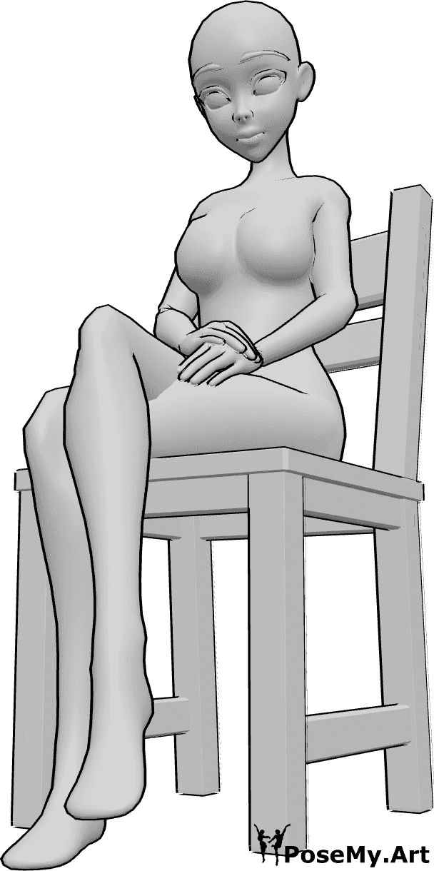 Référence des poses- Pose assise de l'anime - Une femme animée est assise, les jambes croisées, et se tient les mains.