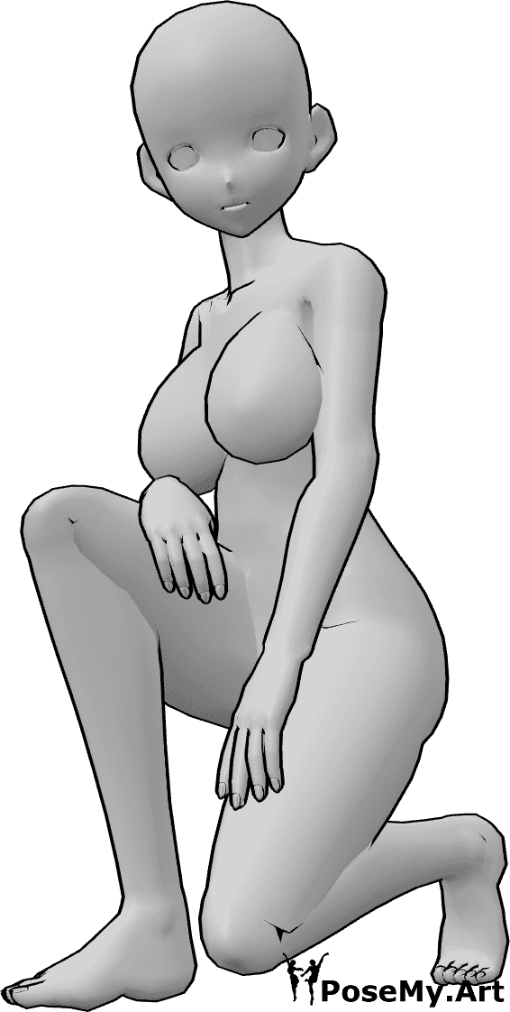 Pose Reference- Anime female crouching pose - Anime female is crouching and looking to the left