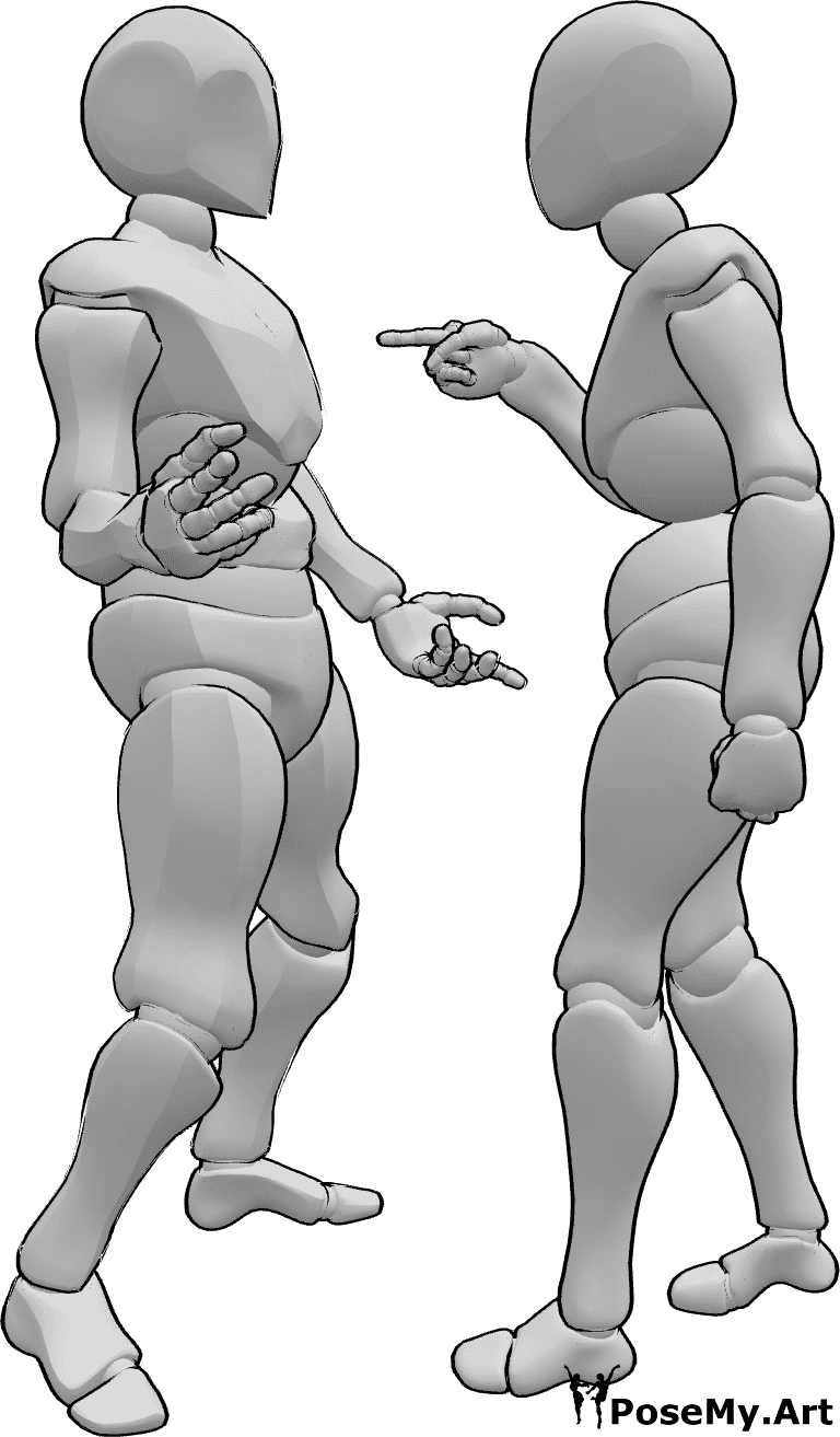 Referência de poses- Casal zangado em pose de luta - Um casal zangado está a discutir, a mulher está a apontar para a pose do homem