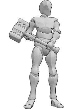 Pose Reference- Both hands holding hammer pose - Male is standing, holding a hammer with both hands, looking slightly to the left