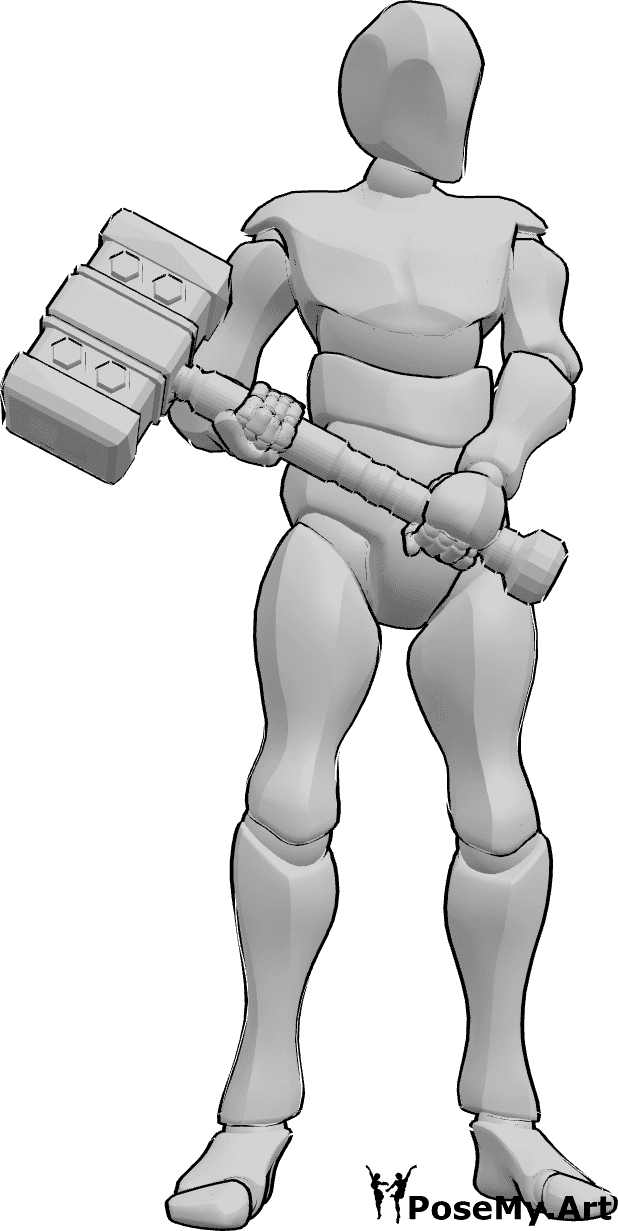 Pose Reference- Both hands holding hammer pose - Male is standing, holding a hammer with both hands, looking slightly to the left