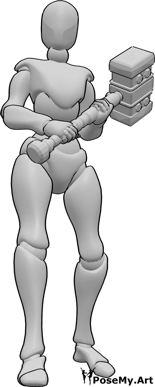 Pose Reference- Female holding hammer pose - Female is standing, holding a hammer with both hands