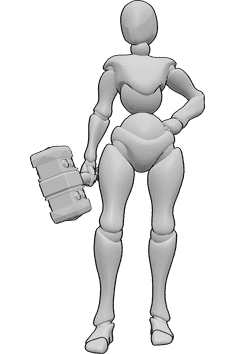 Pose Reference- Standing holding hammer pose - Female is standing, holding a hammer in her right hand, her left hand is on her hip