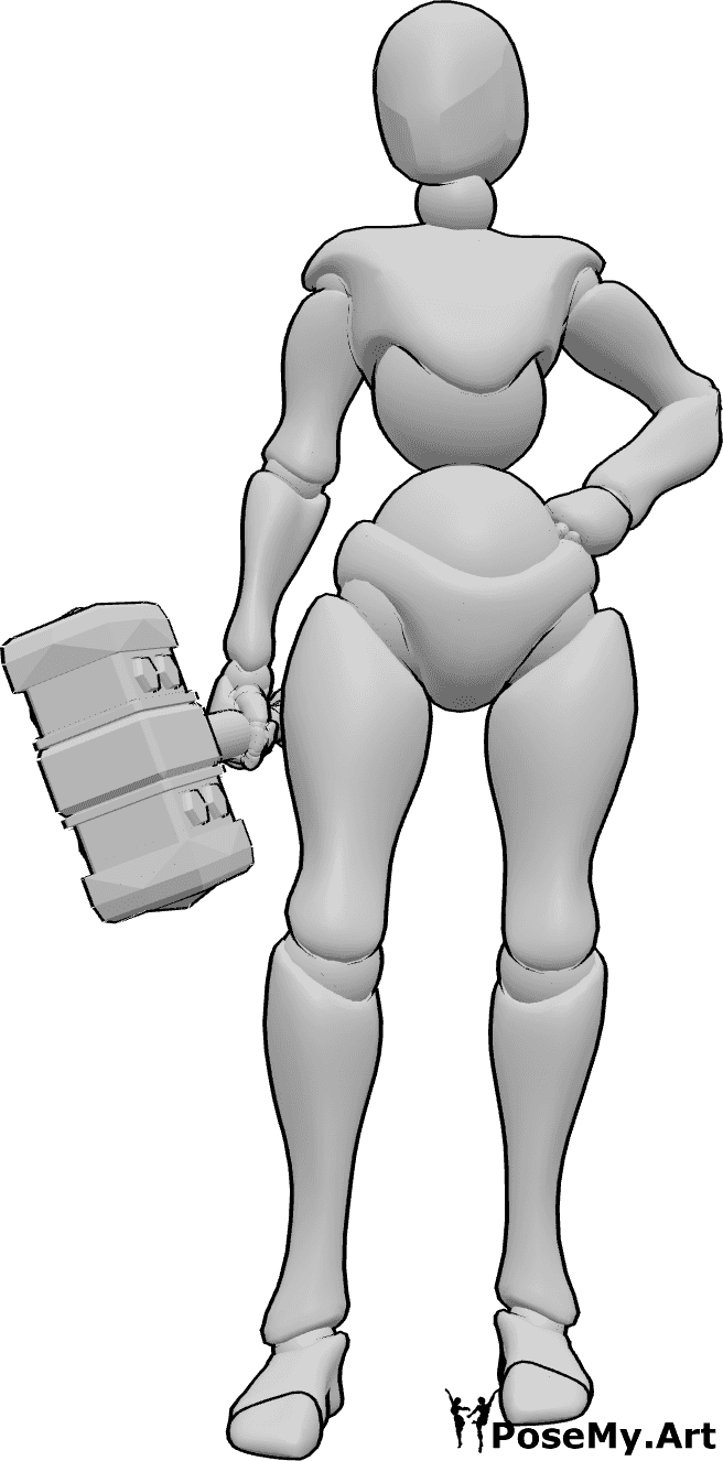 Pose Reference- Standing holding hammer pose - Female is standing, holding a hammer in her right hand, her left hand is on her hip