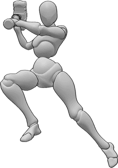 Pose Reference- Hammer swinging side pose - Female is jumping, holding the hammer with both hands and swinging it to the right