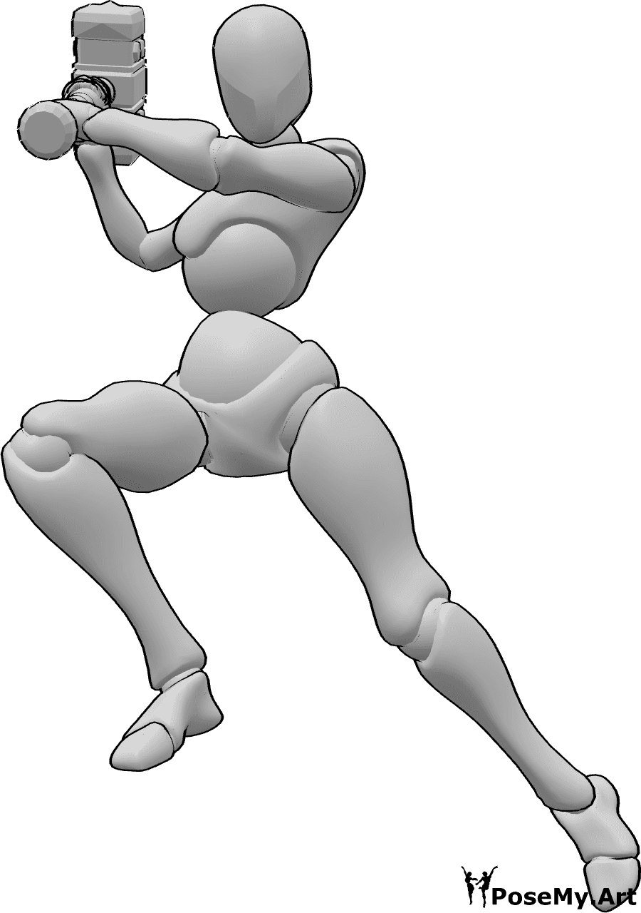 Pose Reference- Hammer swinging side pose - Female is jumping, holding the hammer with both hands and swinging it to the right