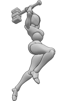 Pose Reference- Hammer swinging upwards pose - Female is jumping, holding the hammer with both hands and swinging it upwards