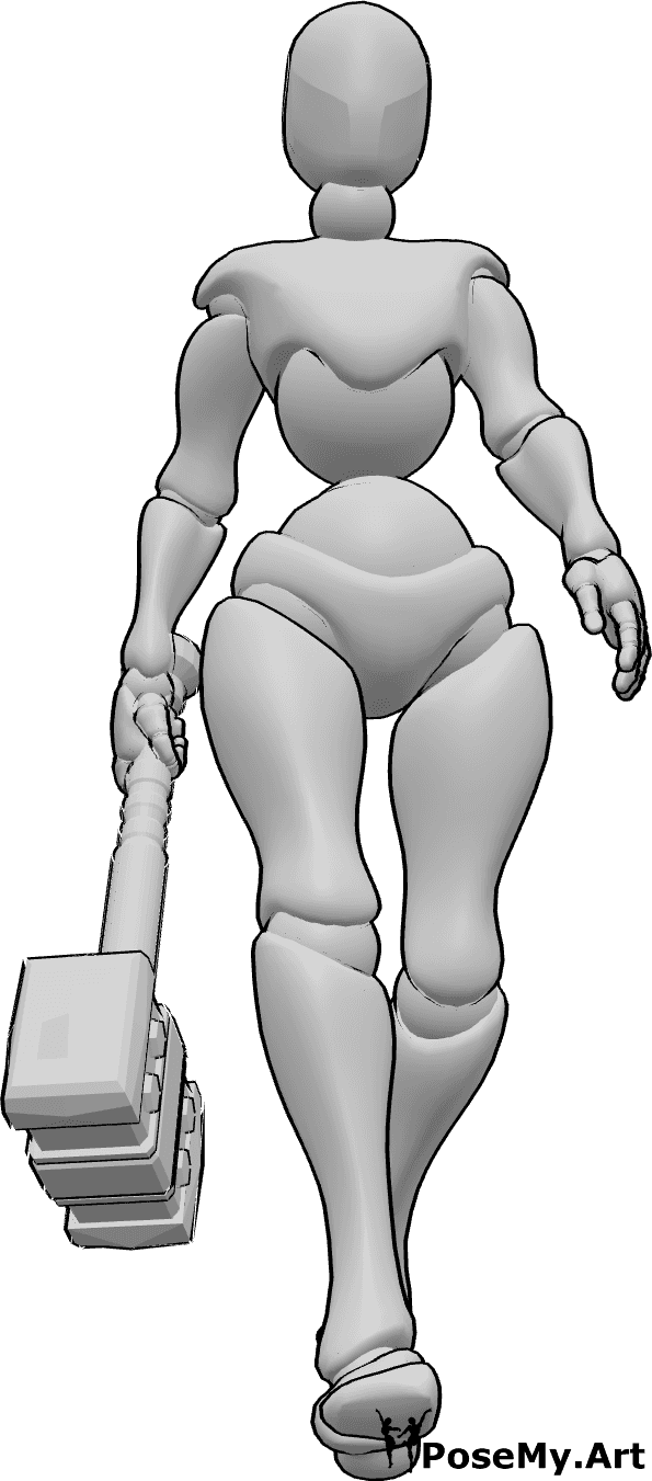 Pose Reference- Female hammer walking pose - Female is holding a hammer in her right hand and walking