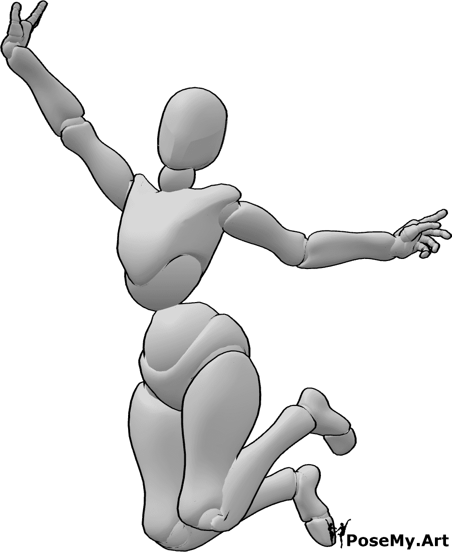 Référence des poses- Femme heureuse en train de sauter - La femelle saute joyeusement dans l'air pose