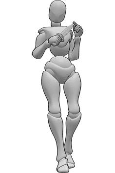 Pose Reference- Female holding knife pose - Female is standing and holding a knife in her right hand, female holding knife pose