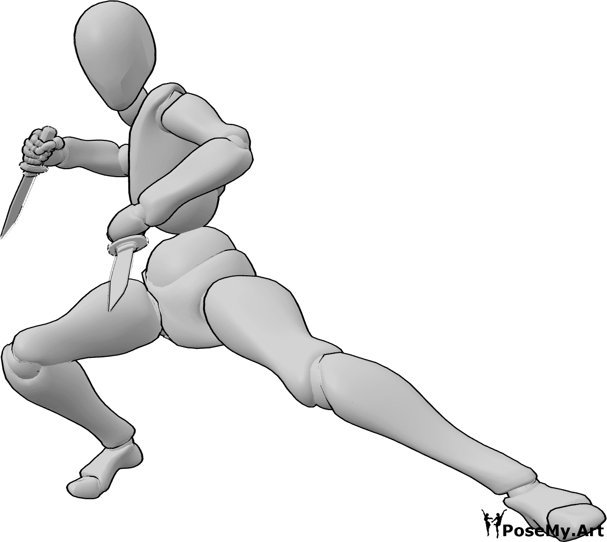 Referência de poses- Pose de luta feminina - Mulher em posição de combate, segurando facas com as duas mãos, pose de mulher segurando uma faca