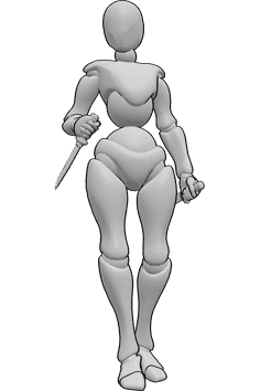 Pose Reference- Female holding knives pose - Female is standing, holding knives in both hands, looking slightly to the right