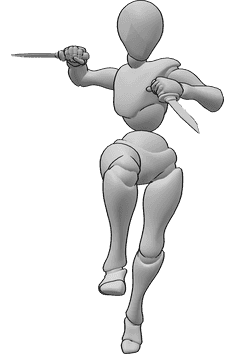 Referencia de poses- Mujer saltando cuchillo pose - Mujer está saltando, sosteniendo cuchillos en ambas manos, cuchillo pose de ataque