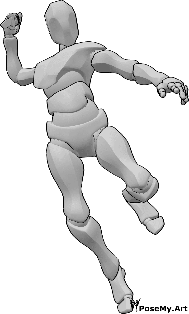 Pose Reference- Male jumping knife pose - Male is jumping, holding a knife in his right hand, knife attack pose