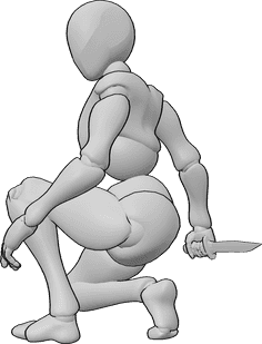 Pose Reference- Crouching holding knife pose - Female is crouching, holding a knife in her right hand and looking to the left