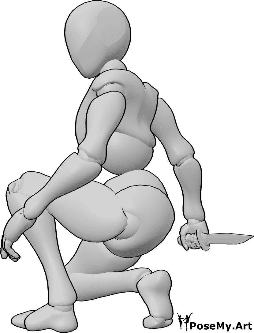 Pose Reference- Crouching holding knife pose - Female is crouching, holding a knife in her right hand and looking to the left