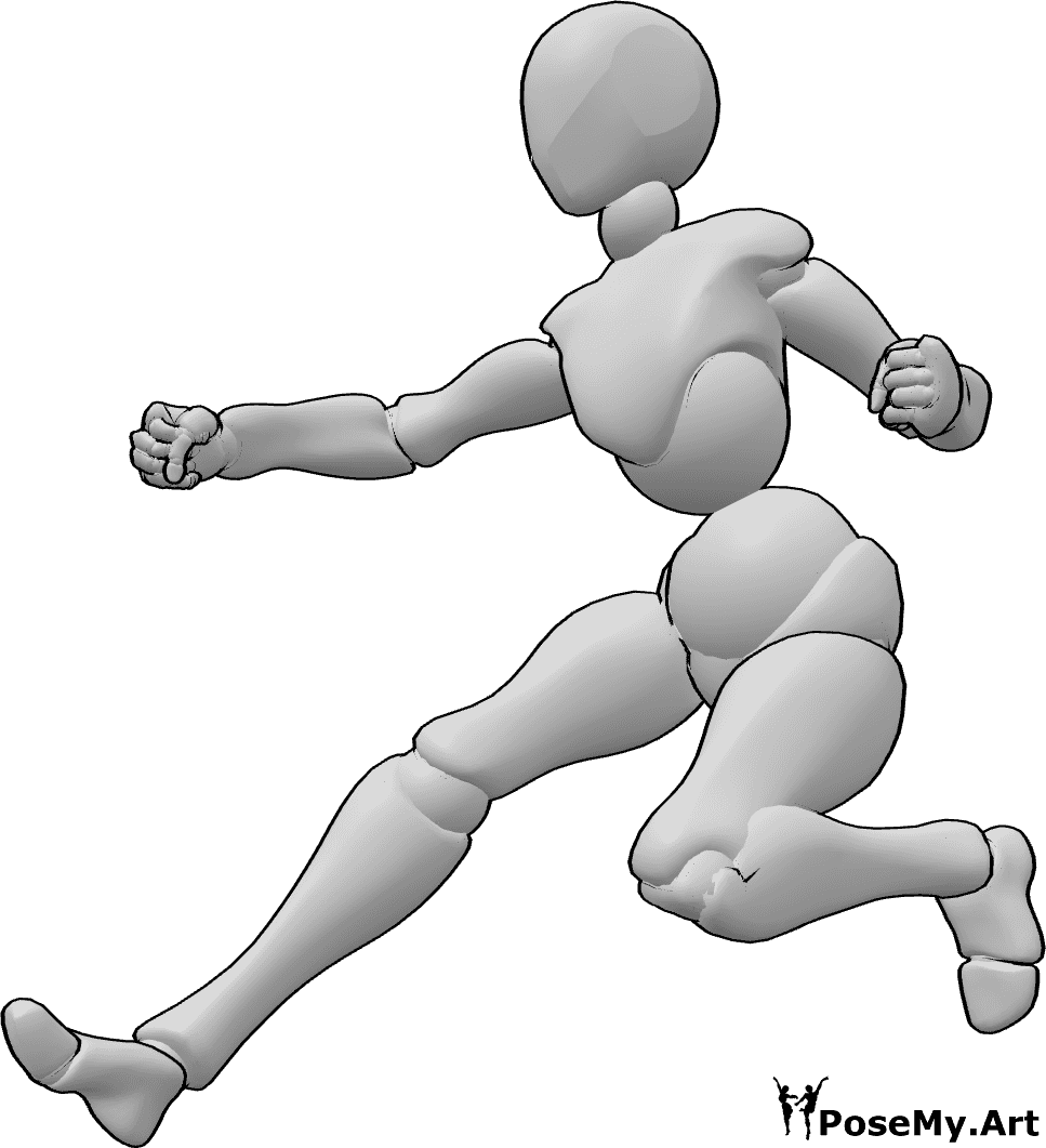 Referencia de poses- Postura de salto deportivo femenino - Mujer salta lejos, pose de salto deportivo