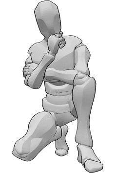 Pose Reference- Male thinking pose - Male is crouching and holding his right arm, thinking about something