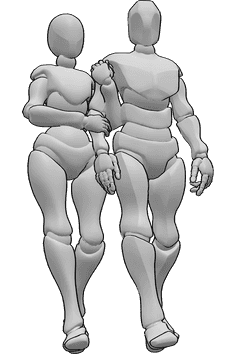 Pose Reference- Female holding arm pose - Female and male are walking, the female is holding the male's arm