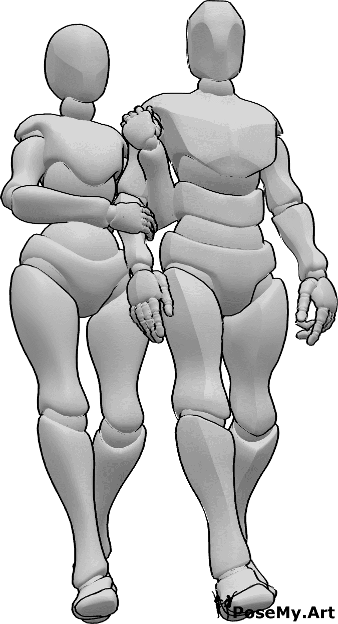 Pose Reference- Female holding arm pose - Female and male are walking, the female is holding the male's arm