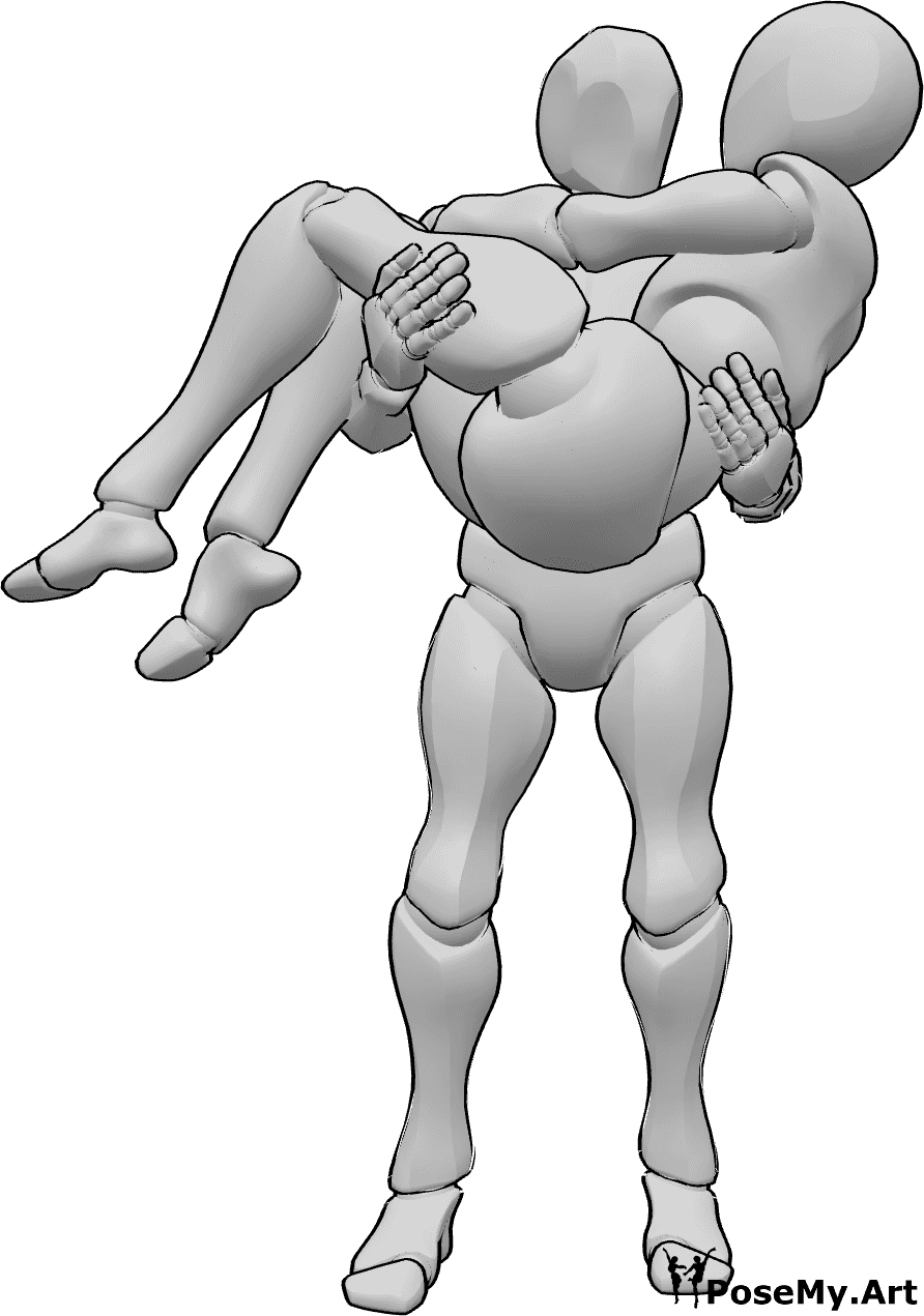 Pose Reference- Male holding female pose - Male is standing and holding the female in his arms, holding in arms pose