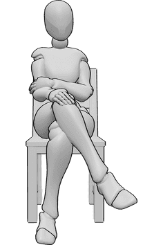 Pose Reference- Holding arm sitting pose - Female is sitting on a chair confidently, holding her right arm, confident sitting pose