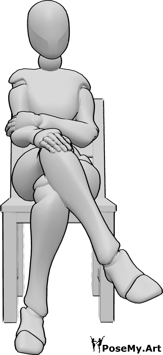 Pose Reference- Holding arm sitting pose - Female is sitting on a chair confidently, holding her right arm, confident sitting pose