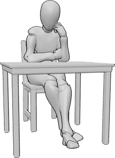 Pose Reference- Sad female sitting pose - Female is sitting on a chair, leaning on the table and holding her left arm