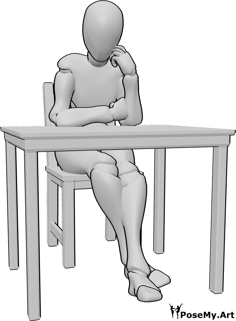 Pose Reference- Sad female sitting pose - Female is sitting on a chair, leaning on the table and holding her left arm