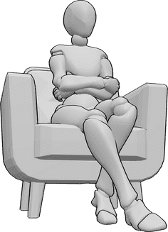 Référence des poses- Femme confiante assise - Une femme est assise dans un fauteuil, confiante, les bras croisés, prenant la pose de son bras.