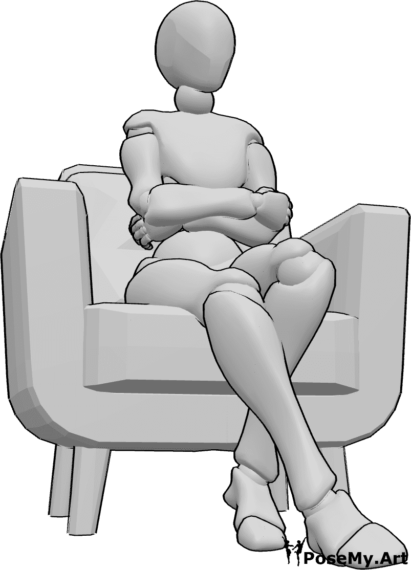 Référence des poses- Femme confiante assise - Une femme est assise dans un fauteuil, confiante, les bras croisés, prenant la pose de son bras.