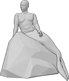 Referencia de poses- Sirena masculina sentada - La sirena masculina está sentada en una piedra, apoyada en su mano derecha y mirando a la derecha