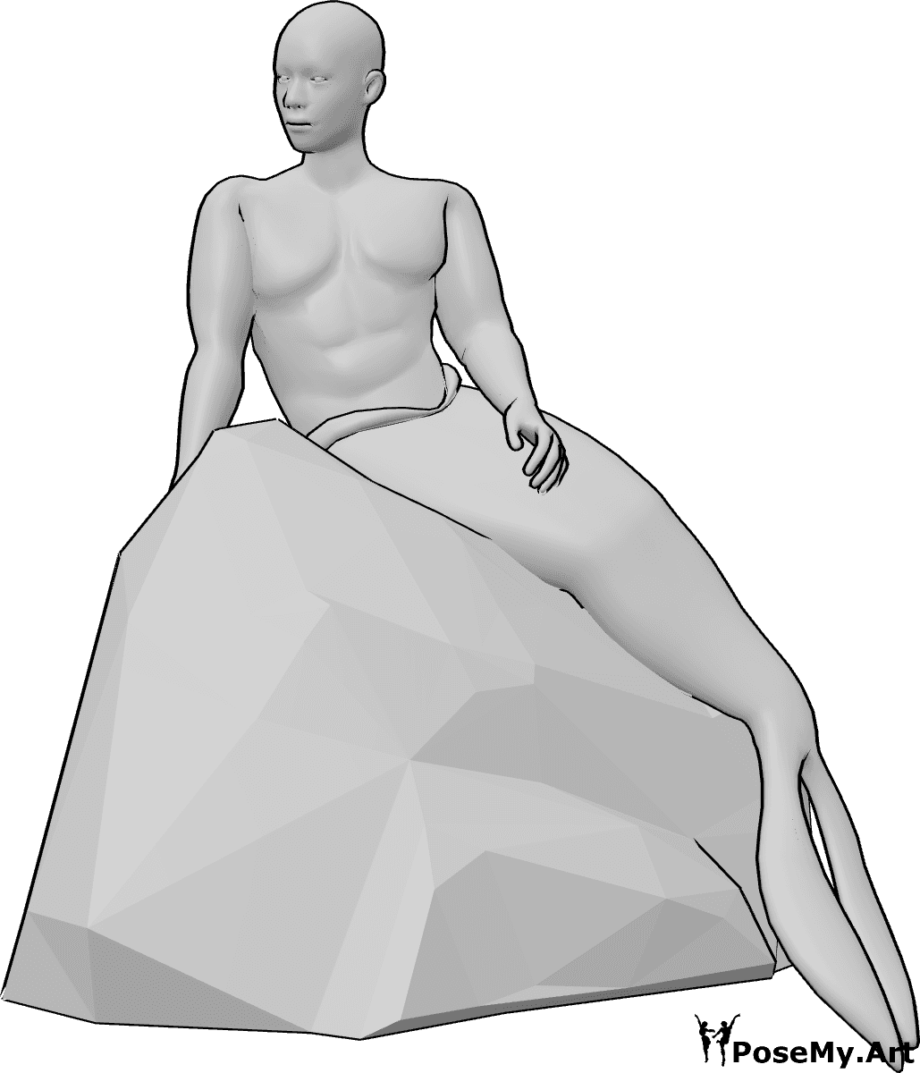 Referencia de poses- Sirena masculina sentada - La sirena masculina está sentada en una piedra, apoyada en su mano derecha y mirando a la derecha