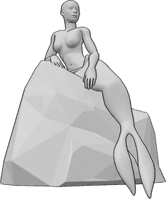 Referência de poses- Sereia feminina em pose sentada - A sereia feminina está sentada numa pedra e olha para a esquerda, pose anatómica de sereia