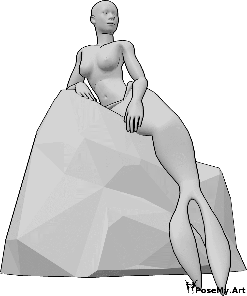 Referencia de poses- Sirena femenina sentada - Sirena femenina sentada en una piedra y mirando hacia la izquierda, pose anatómica de sirena