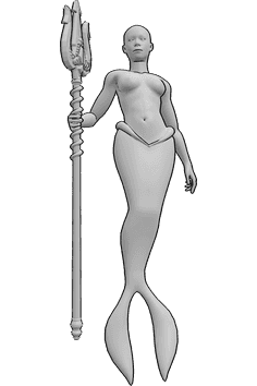 Référence des poses- Pose d'une sirène tenant un trident - Une sirène féminine flotte dans l'eau et tient un trident dans sa main droite.